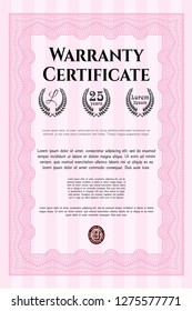 Pink Vintage Warranty Certificate template. With linear background. Sophisticated design. Vector illustration. 