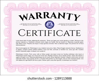 Pink Vintage Warranty Certificate template. With complex background. Excellent design. Detailed. 