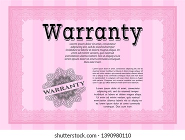 Pink Vintage Warranty Certificate template. Sophisticated design. With complex linear background. Customizable, Easy to edit and change colors. 