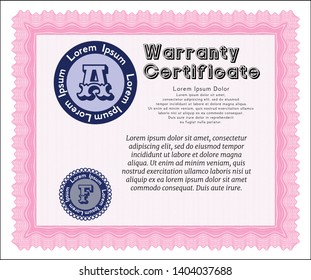 Pink Vintage Warranty Certificate template. Sophisticated design. Vector illustration. Easy to print. 