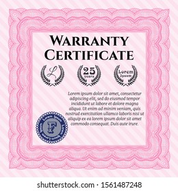 Pink Vintage Warranty Certificate template. Money Pattern design. Vector illustration. Complex background. 