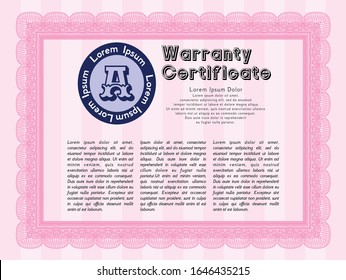 Pink Vintage Warranty Certificate template. Superior design. Detailed. With background. 