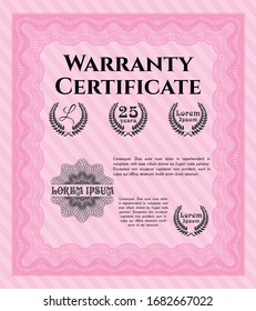 Pink Vintage Warranty Certificate template. Detailed. Complex background. Money Pattern design. 