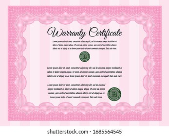 Pink Vintage Warranty Certificate template. With linear background. Superior design. Vector illustration. 