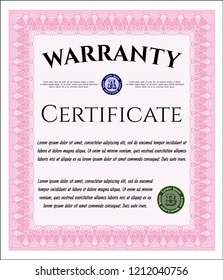 Pink Vintage Warranty template. Detailed. With guilloche pattern. Money style design. 