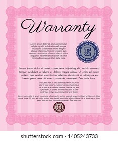 Pink Vintage Warranty template. Detailed. With background. Money Pattern design. 