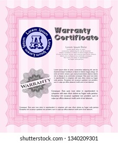 Pink Vintage Warranty template. With guilloche pattern and background. Artistry design. Vector illustration. 
