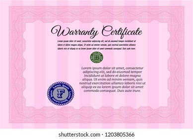 Pink Vintage Warranty template. Money Pattern. Vector illustration. With complex linear background. 