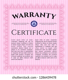 Pink Vintage Warranty template. Money style design. Vector illustration. With guilloche pattern and background. 