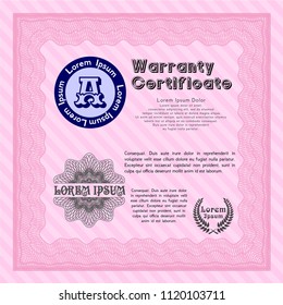 Pink Vintage Warranty template. Vector illustration. With complex linear background. Elegant design. 