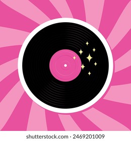 pink vinyl plate sticker, cute round badge on groovy background, retro style vector illustration for disco party, retro music poster, parties, festivals, dance club