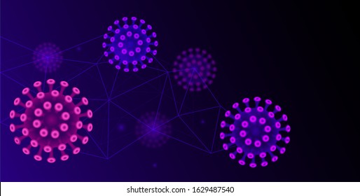 Pink and violet abstract corona virus cells vector illustration on dark blue futuristic background