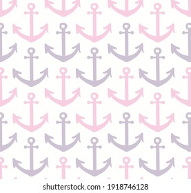 Pink, violet anchors nautical seamless pattern on white background. Hand drawn vector illustration. Scandinavian style flat design. Concept for kids fashion print, textile, wallpaper, packaging.