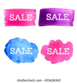 Pink and violet and blue banners on watercolor background: SALE. Template for shops and shopping malls. Vector illustration. SALE advertising. 