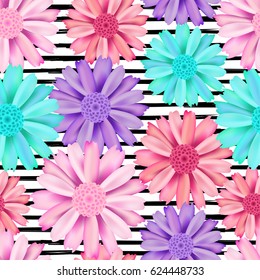Pink, violet and blue flower seamless pattern. Chrysanthemum and aster flowers background on black and white striped background for web, print, textile, wallpaper design