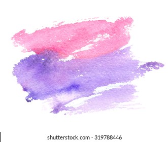 Pink violet brush painting isolated strokes stain on white background. Watercolor hand drawn paper texture art abstract vector illustration. Design striped element for decoration, cover, banner, print