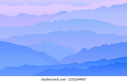 Pink violet clouds, misty mountains. Background. Landscape in the fog. Vector