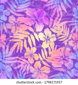 Pink and violet colors hibiscus flowers silhouettes vector tropic summer holidays floral pattern