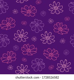 Pink and violet floral seamless pattern on purple background. Cosmos flower vector great for spring and summer wallpaper, backgrounds, invitations, packaging design projects.