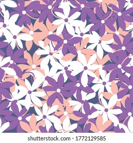 Pink and violet flower field seamless vector pattern. Feminine surface print design for summertime fabrics, textiles, stationery, scrapbook paper, and packaging.