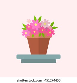 Pink and violet flowers in a pot flat design 