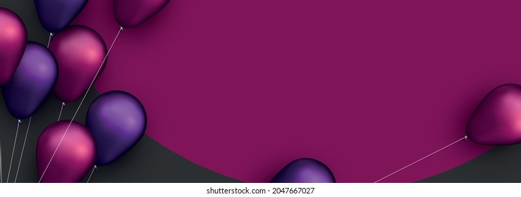 Pink and violet foil balloons with threads on black background with pink round. Space for text. Vector festive illustration.