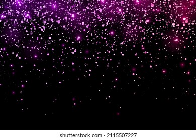 Deslumbrante violeta rosado que cae al confetti con luces brillantes en el fondo negro. Vector