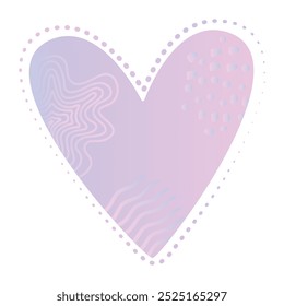 Pink and violet gradient heart with memphis style elements, waves, spiral, dots and dotted contour