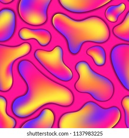Pink and violet gradient shapes abstract vector seamless pattern. Square seamless pattern tile violet pink 3d shapes. Vibrant neon color blot floating on gradient background. Trendy seamless wallpaper