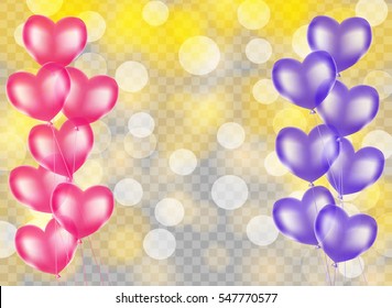 pink and violet heart shape balloons border on blurry golden yellow background. vector
