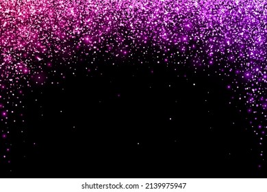 Pink violet holiday falling glitter particles round arch on black background. Vector