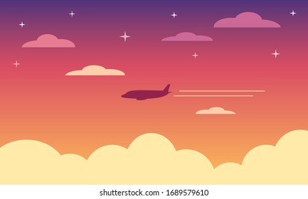 Paisaje rosa y violeta del cielo del amanecer/atardecer con nubes y estrellas beige y la silueta de un avión volador con un control de dos carriles. Tarjeta. Gráficos vectoriales, ilustración