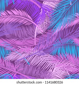 Pink and violet leaves of palm tree on dark background. Seamless tropical pattern background with palm leaves. Vector pattern for print design, wallpaper, postcard, textile, fabric. EPS10