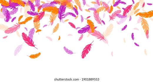 Pink violet orange feather floating vector background. Flying bird plumage illustration. Weightless soft plumage, feather floating  silhouettes. Close up graphic design. Airy boa hackle.