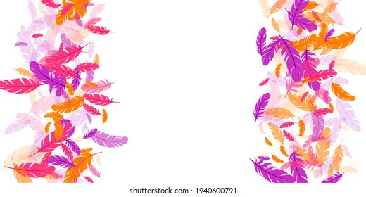 Pink violet orange feather floating vector background. Flying bird plumage illustration. Weightless soft plumage, feather floating  isolated. Close up graphic design. Bright boa hackle.