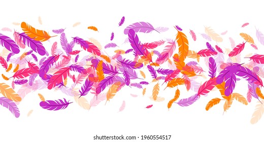 Pink violet orange feather floating vector background. Flying bird plumage pattern. Flamingo plumage, feather floating  silhouettes. Close up graphic design. Airy boa hackle.