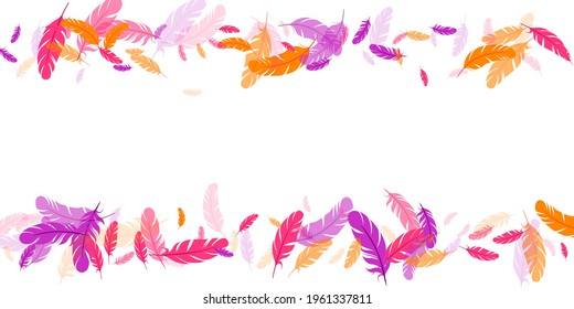 Pink violet orange feather floating vector background. Flying bird plumage pattern. Flamingo plumage, feather floating  isolated. Macro graphic design. Bright boa hackle.