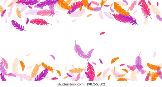 Pink violet orange feather floating vector background. Flying bird plumage pattern. Weightless soft plumage, feather floating isolated. Close up graphic design. Vivid boa hackle.