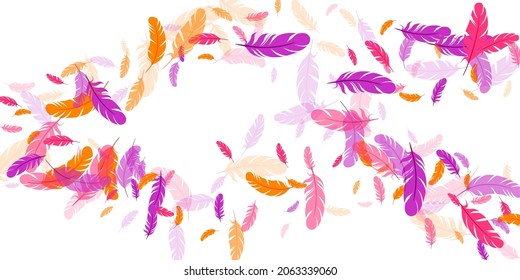 Pink Violet Orange Feather Floating Vector Background. Flying Bird Plumage Pattern. Parrot Plumage, Feather Floating  Silhouettes. Macro Graphic Design. Vivid Boa Hackle.