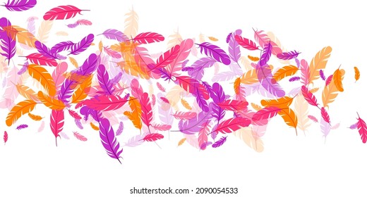 Pink violet orange feather floating vector background. Flying bird plumage pattern. Colorful fluffy soft plumage, feather floating  silhouettes. Macro graphic design. Bright boa hackle.