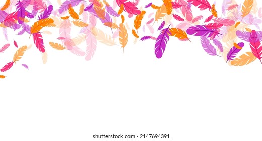 Fondo vectorial flotante de plumas color naranja violeta rosa. Ilustración del plumaje de aves voladoras. Pluma de loro, siluetas flotantes de plumas. Diseño gráfico de macros. Hackle de boa.