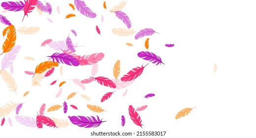 Pink violet orange feather floating vector background. Falling down bird plumage pattern. Flamingo plumage, feather floating isolated. Close up graphic design. Bright boa hackle.