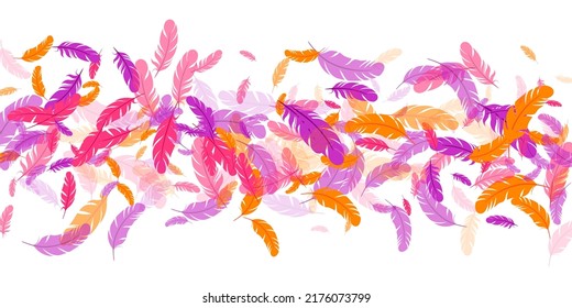 Pink violet orange feather floating vector background. Falling bird plumage illustration. Abstract fluffy soft plumage, feather floating  silhouettes. Macro graphic design. Vivid boa hackle.