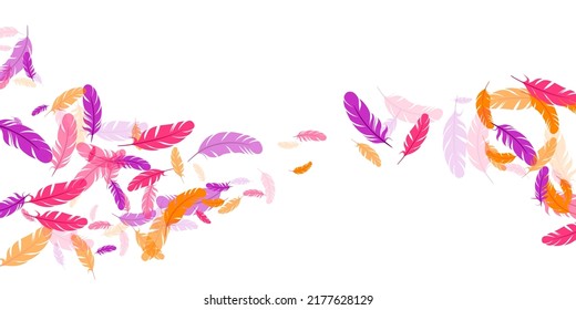 Pink violet orange feather floating vector background. Flying bird plumage illustration. Colorful fluffy soft plumage, feather floating  isolated. Macro graphic design. Vivid boa hackle.