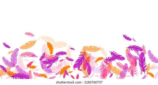 Pink violet orange feather floating vector background. Falling down bird plumage pattern. Weightless soft plumage, feather floating  isolated. Macro graphic design. Bright boa hackle.