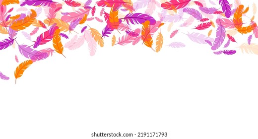 Fondo vectorial flotante de plumas color naranja violeta rosa. Ilustración del desplome de pájaros en caída. Desplome suave sin peso, plumas flotando aisladas. Diseño gráfico de macros. Hackle boa brillante.