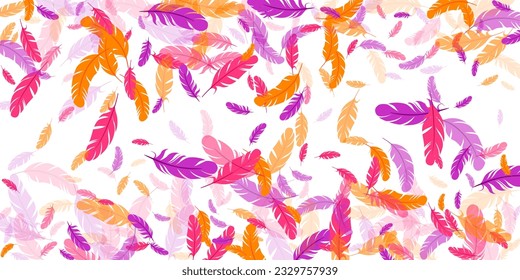 rosafarbene violett-orangefarbene Feder, schwimmender Vektorhintergrund. Fliegender Vogel stürzt ab. Farbige, flauschige, weiche Klemme, Feder schwebend einzeln. Makrografisches Design. Helles Boa-Hackle.