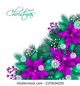 Pink violet Poinsettia Christmas party invitation vector template greeting card with pine and fir branches blue berry wreath in the snowflake, lights