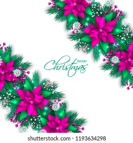 Pink violet Poinsettia Christmas party invitation vector template greeting card with pine and fir branches blue berry wreath in the snowflake, lights