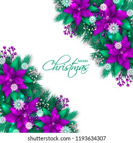 Pink violet Poinsettia Christmas party invitation vector template greeting card with pine and fir branches blue berry wreath in the snowflake, lights